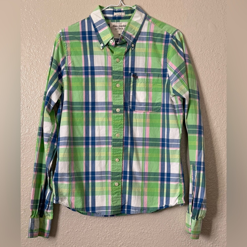 M Sz.M Abercrombie & Fitch Muscle Fit Plaid Cotton Button Down Preppy Acadamia